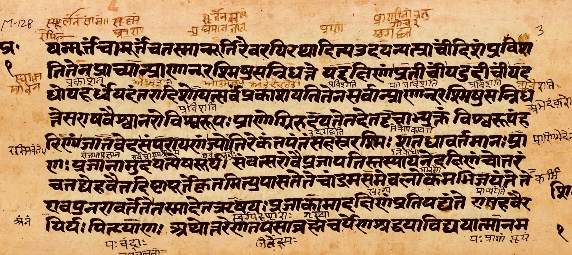A page from an old paper manuscript written in Devanagari script, with annotations in red in the margins.